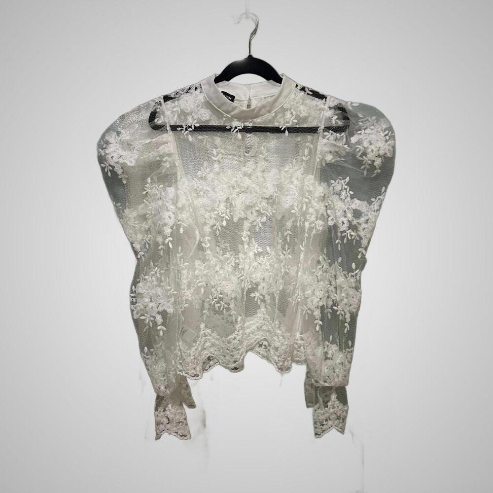 Eilly Bazar White Sheer Lace Victorian Style Puff Sleeve Blouse -XL